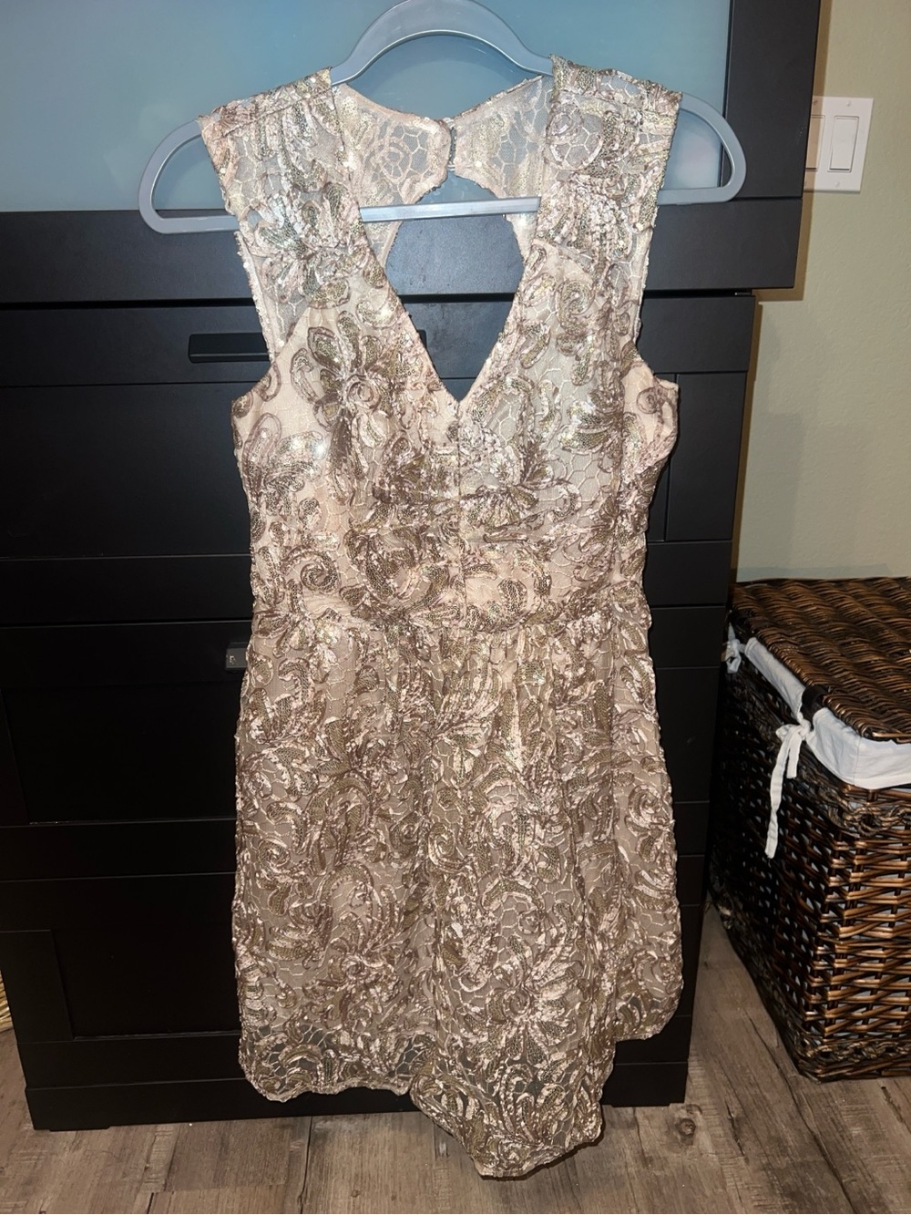 Sleeveless Metallic Lace V-Neck Cocktail Dress - Champagne